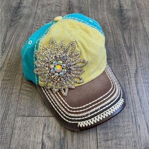 Olive & Pique Large Crystal Flower Two Tone Ball Cap- New- One Size
